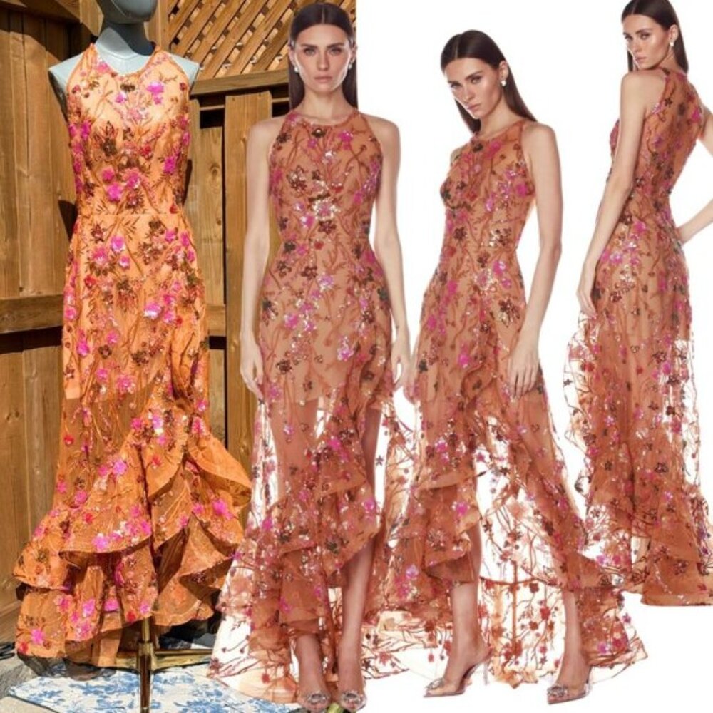 🆕 BRONX & BANCO🧿 NWOT Sicilia Coral Sequin Fluted Hem Maxi Dress, Sz M US 6